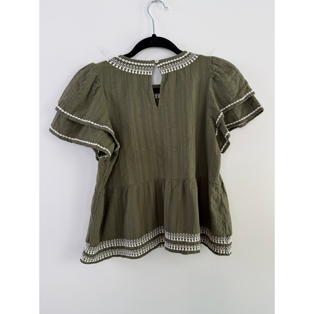 LOFT Women XXSP Olive Green Embroidered Peplum Top Flutter Sleeve Cotton Blend - Picture 4 of 4